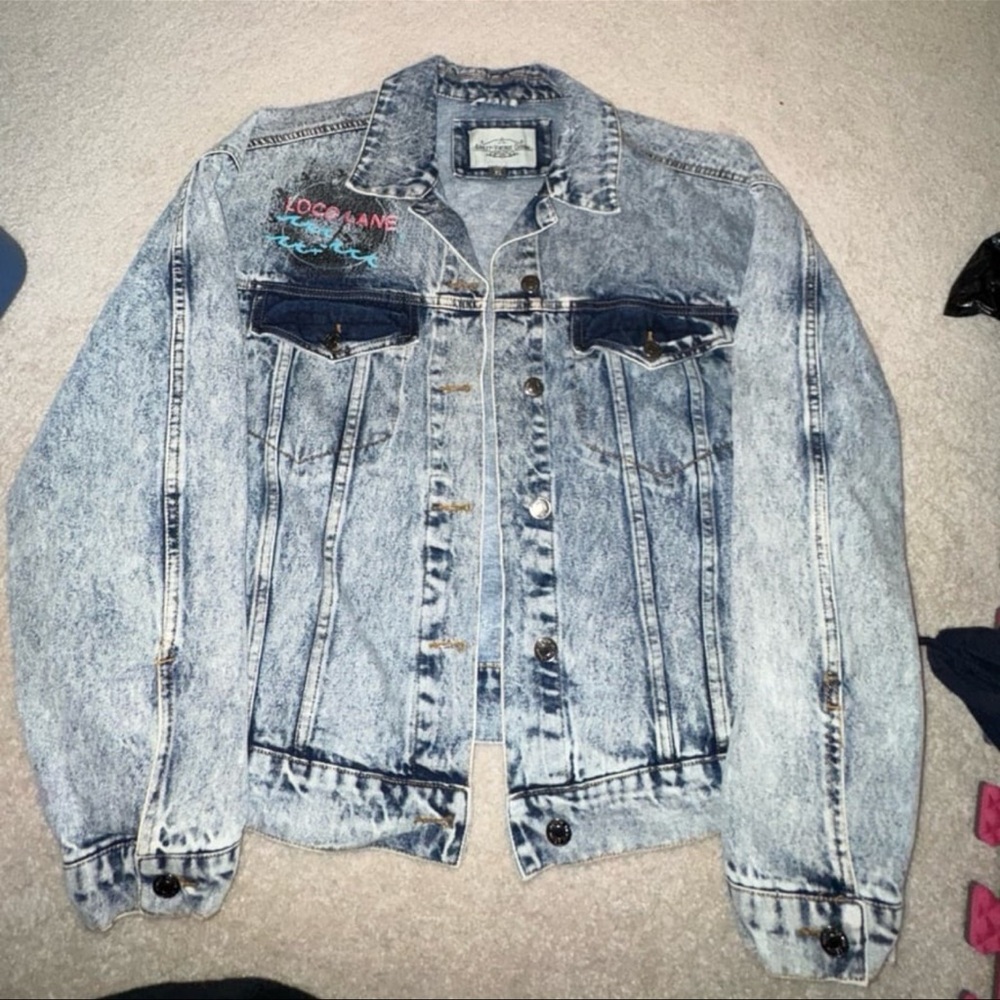 Acid Wash Graphic Denim Jacket with Printed Detail